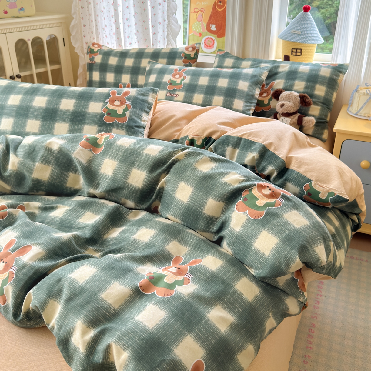 91家纺网 家纺一手货源 找家纺 清雅福 2026春夏新品全棉13070萌趣系列单被套 俏皮兔-绿格