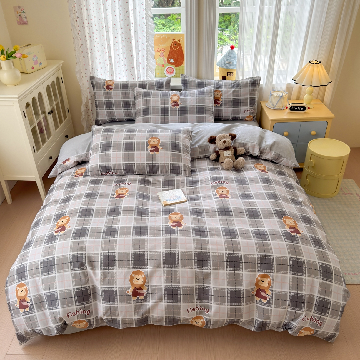 91家纺网 家纺一手货源 找家纺 清雅福 2026春夏新品全棉13070萌趣系列单被套 森林日记-灰格