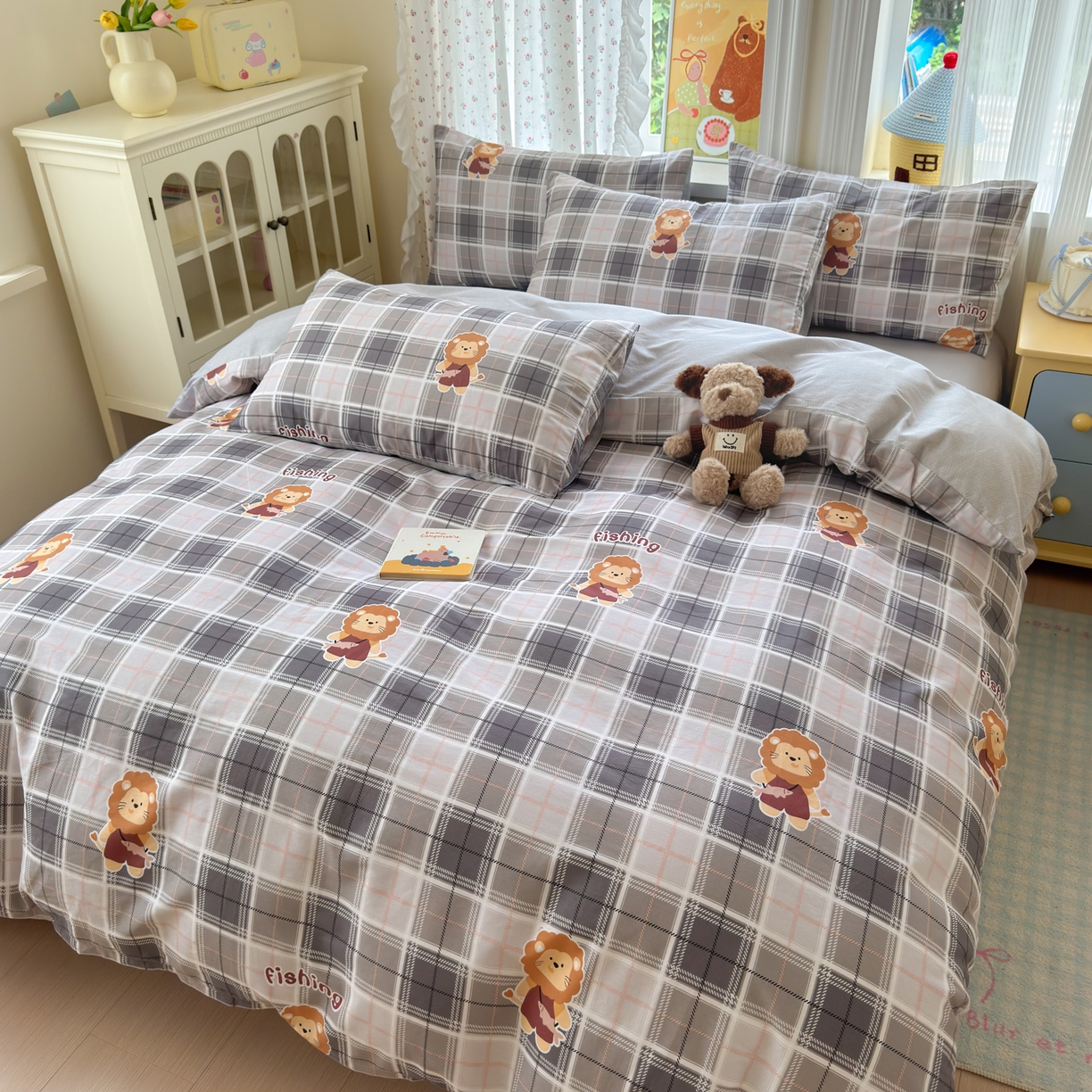 91家纺网 家纺一手货源 找家纺 清雅福 2026春夏新品全棉13070萌趣系列单被套 森林日记-灰格