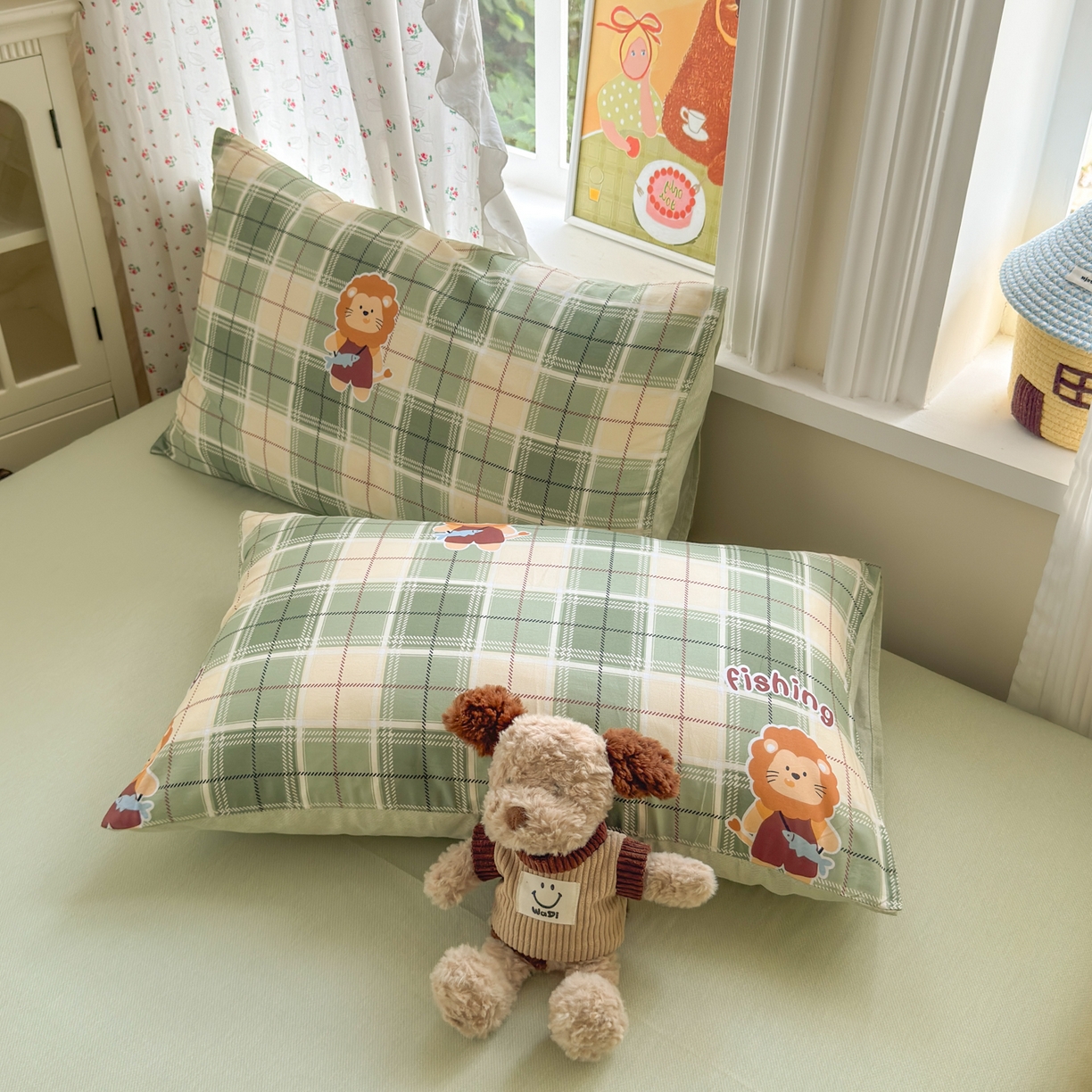 91家纺网 家纺一手货源 找家纺 清雅福 2026春夏新品全棉13070萌趣系列单被套 森林日记-绿格