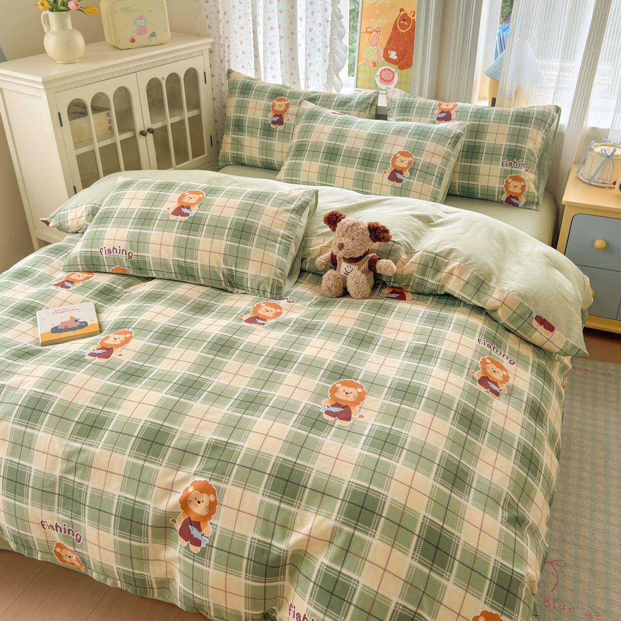 91家纺网 家纺一手货源 找家纺 清雅福 2026春夏新品全棉13070萌趣系列单被套 森林日记-绿格