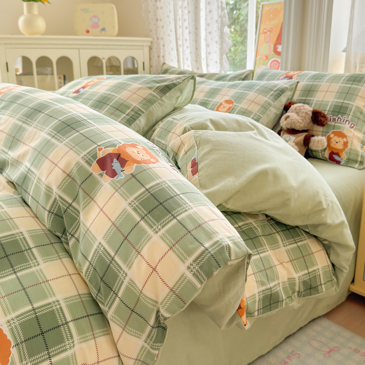 91家纺网 家纺一手货源 找家纺 清雅福 2026春夏新品全棉13070萌趣系列单被套 森林日记-绿格