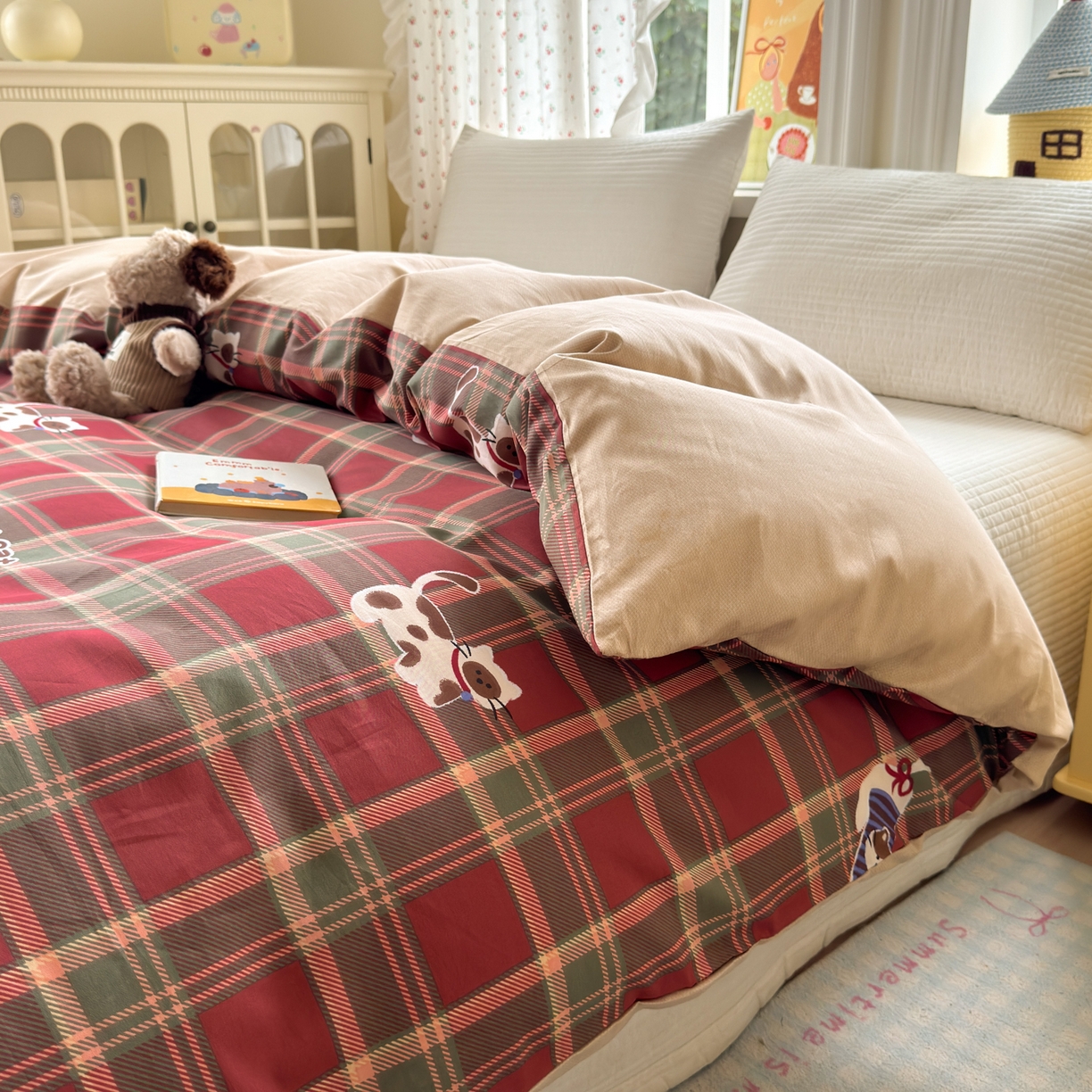 91家纺网 家纺一手货源 找家纺 清雅福 2026春夏新品全棉13070萌趣系列单枕套 呆萌喵-圣诞格