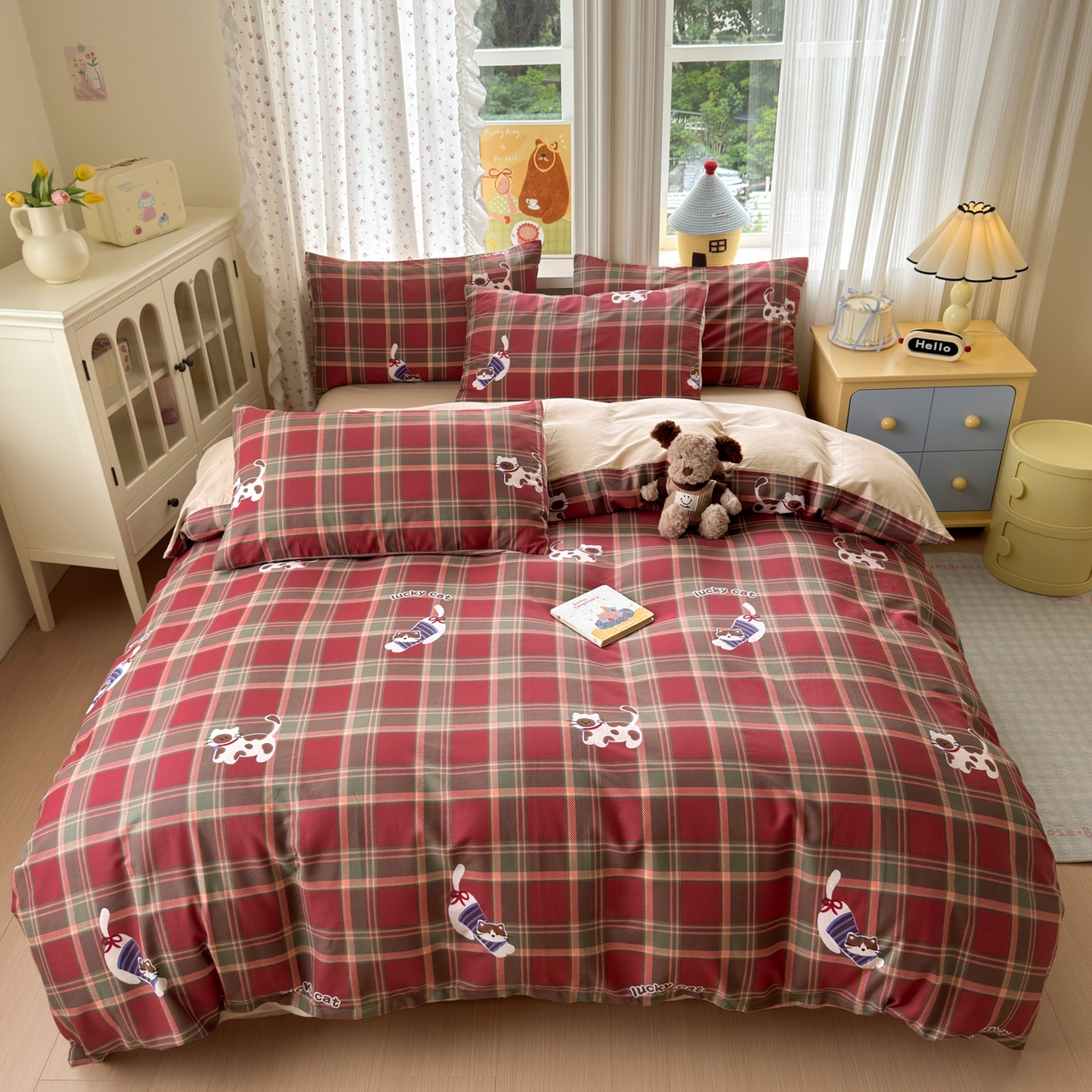 91家纺网 家纺一手货源 找家纺 清雅福 2026春夏新品全棉13070萌趣系列单枕套 呆萌喵-圣诞格