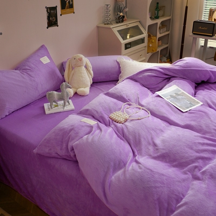 91家纺网 家纺一手货源 找家纺 啊雅家居 2026新款寒冬克星双面绒牛奶绒简约四件套 简紫