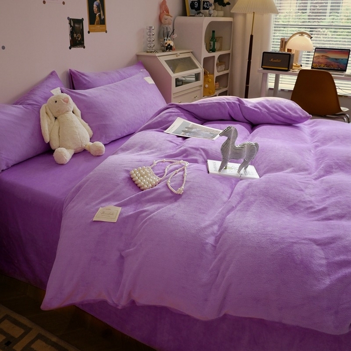 91家纺网 家纺一手货源 找家纺 啊雅家居 2026新款寒冬克星双面绒牛奶绒简约四件套 简紫