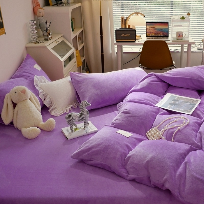 91家纺网 家纺一手货源 找家纺 啊雅家居 2026新款寒冬克星双面绒牛奶绒简约四件套 简紫