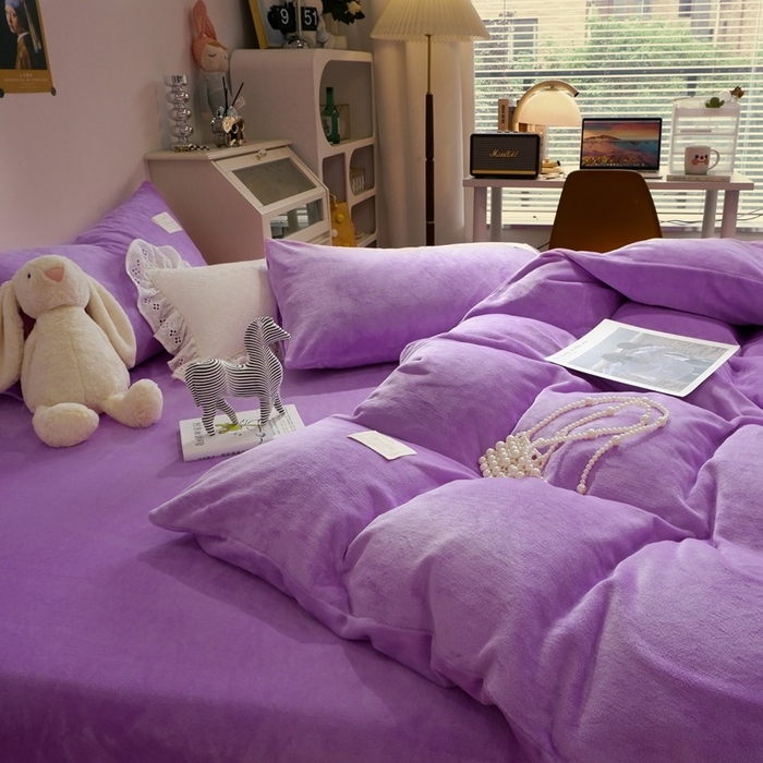 91家纺网 家纺一手货源 找家纺 啊雅家居 2026新款寒冬克星双面绒牛奶绒简约四件套 简紫