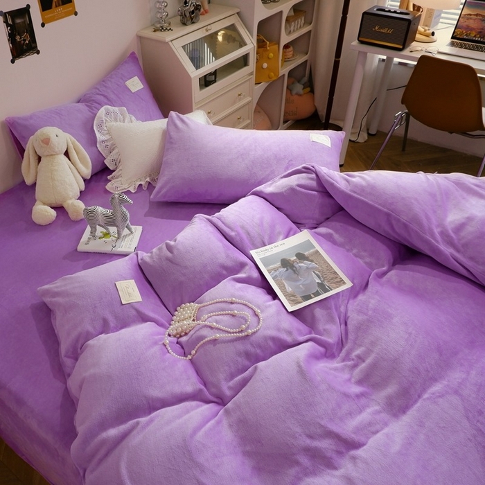 91家纺网 家纺一手货源 找家纺 啊雅家居 2026新款寒冬克星双面绒牛奶绒简约四件套 简紫