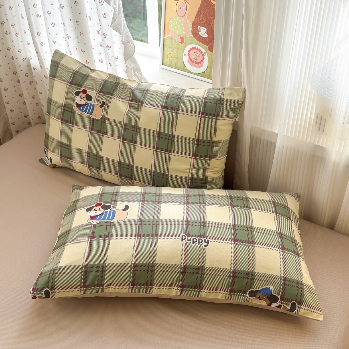 清雅福 2026春夏新品全棉13070萌趣系列单枕套 可爱汪-绿格