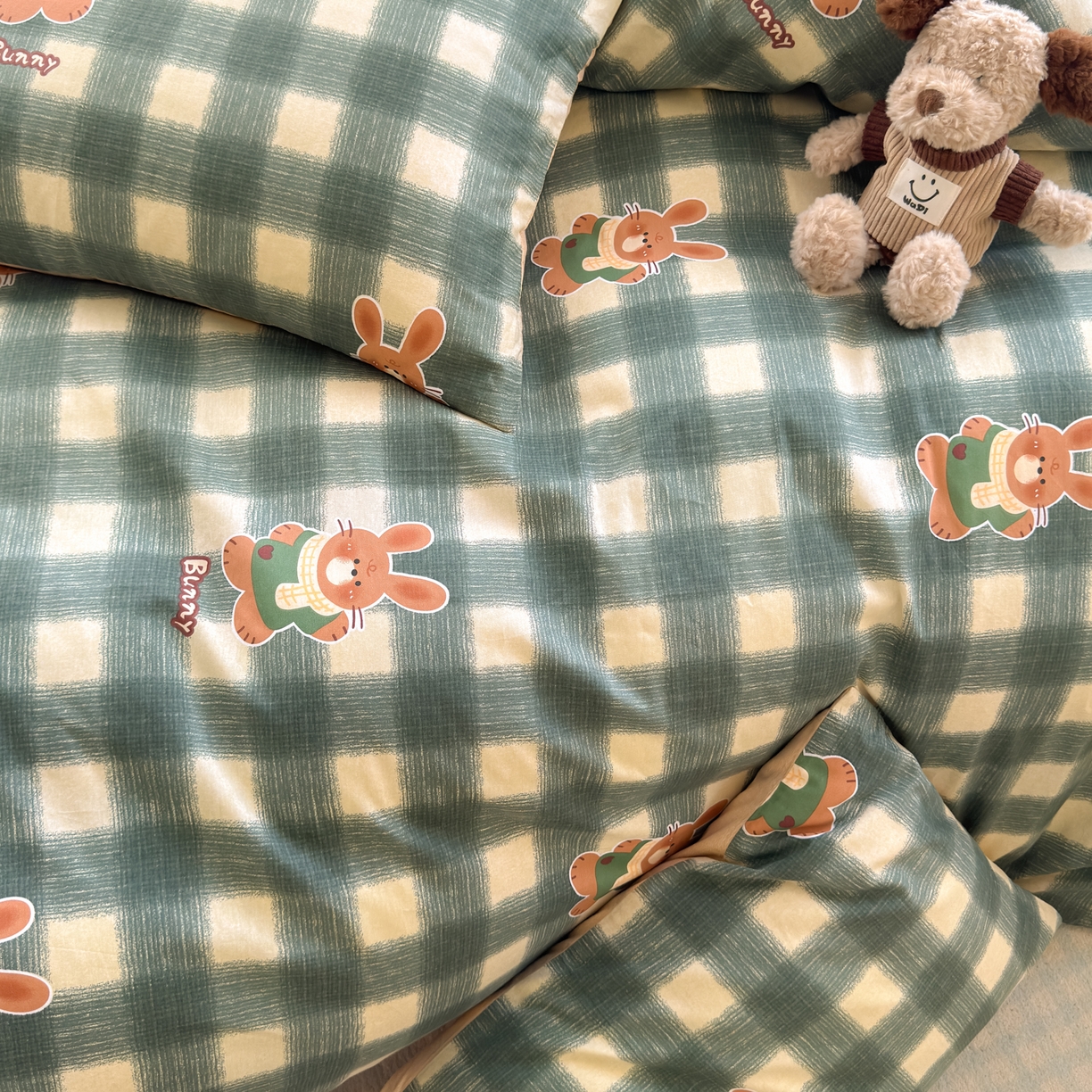 91家纺网 家纺一手货源 找家纺 清雅福 2026春夏新品全棉13070萌趣系列单枕套 俏皮兔-绿格