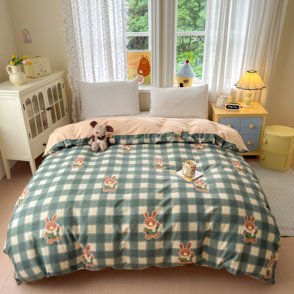 91家纺网 家纺一手货源 找家纺 清雅福 2026春夏新品全棉13070萌趣系列单枕套 俏皮兔-绿格