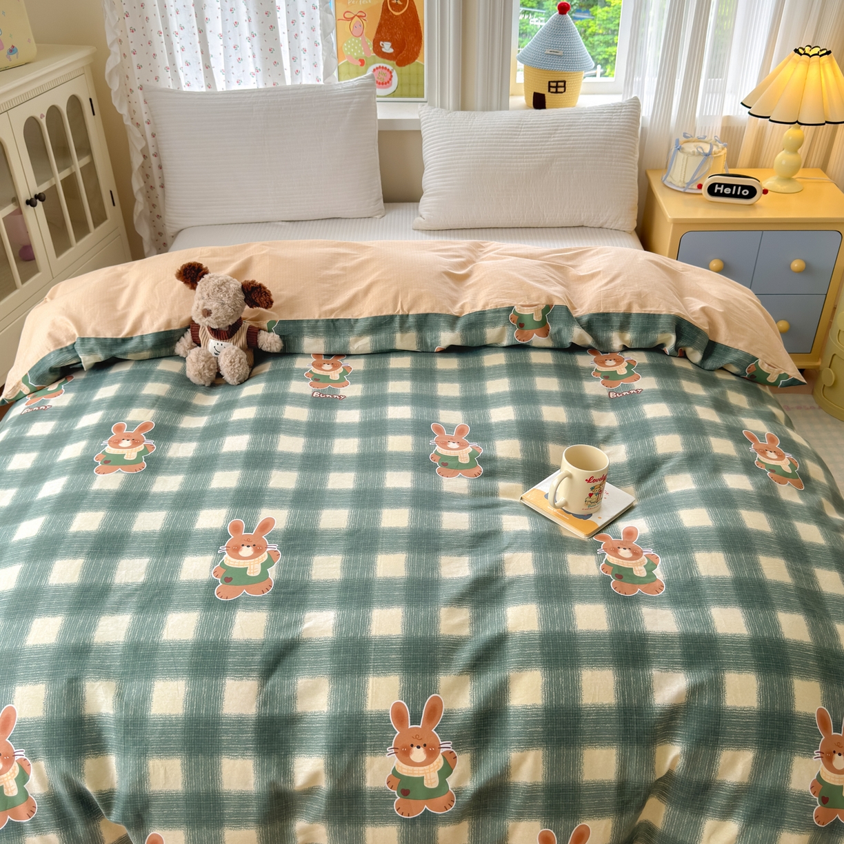 91家纺网 家纺一手货源 找家纺 清雅福 2026春夏新品全棉13070萌趣系列单枕套 俏皮兔-绿格