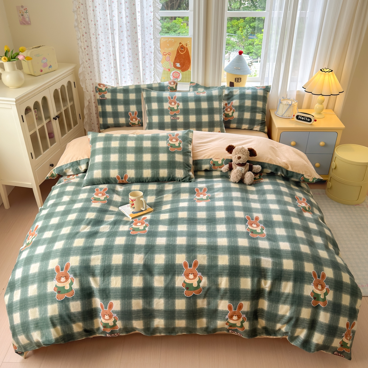 91家纺网 家纺一手货源 找家纺 清雅福 2026春夏新品全棉13070萌趣系列单枕套 俏皮兔-绿格