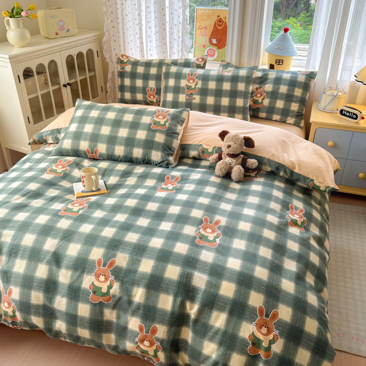 91家纺网 家纺一手货源 找家纺 清雅福 2026春夏新品全棉13070萌趣系列单枕套 俏皮兔-绿格