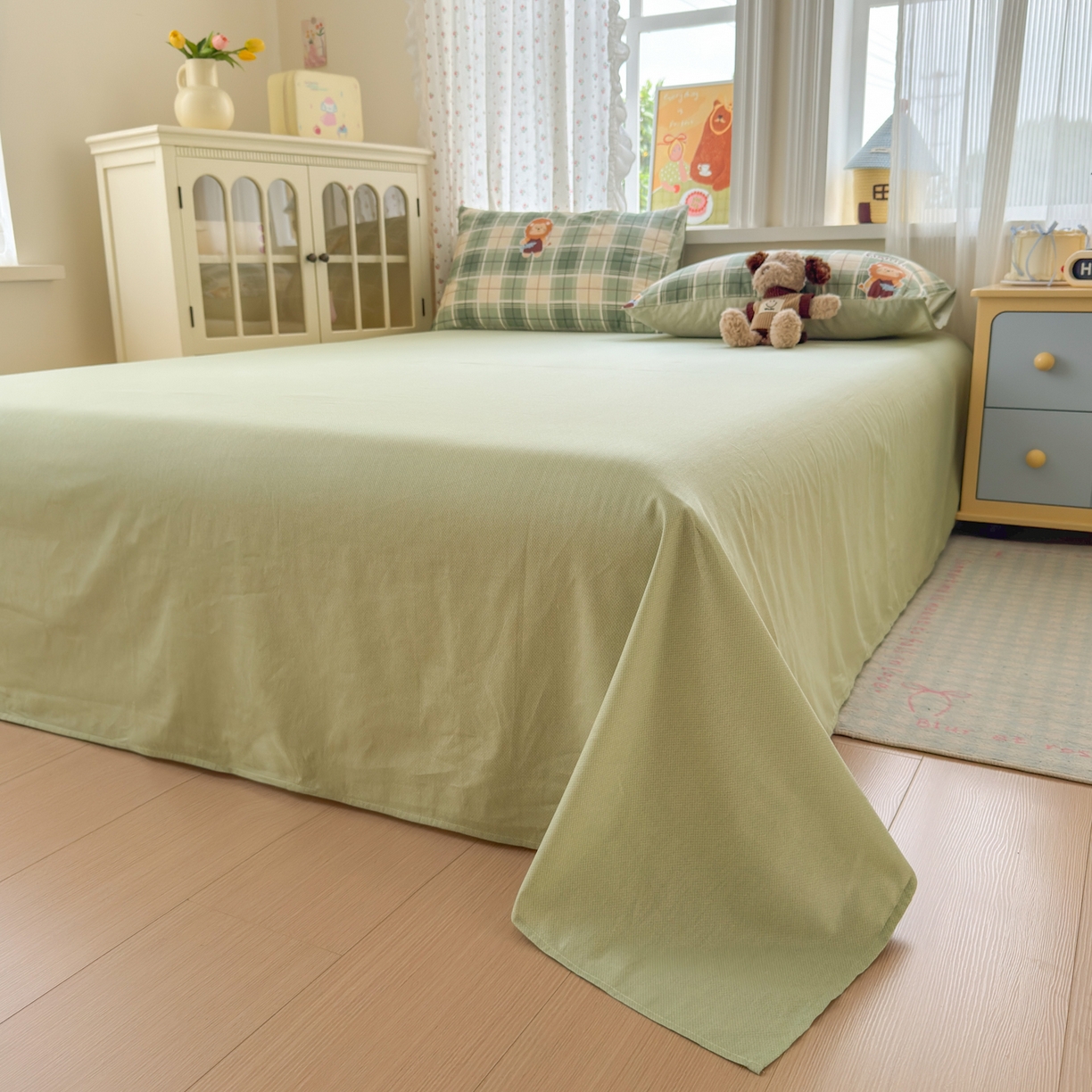 91家纺网 家纺一手货源 找家纺 清雅福 2026春夏新品全棉13070萌趣系列单枕套 森林日记-绿格