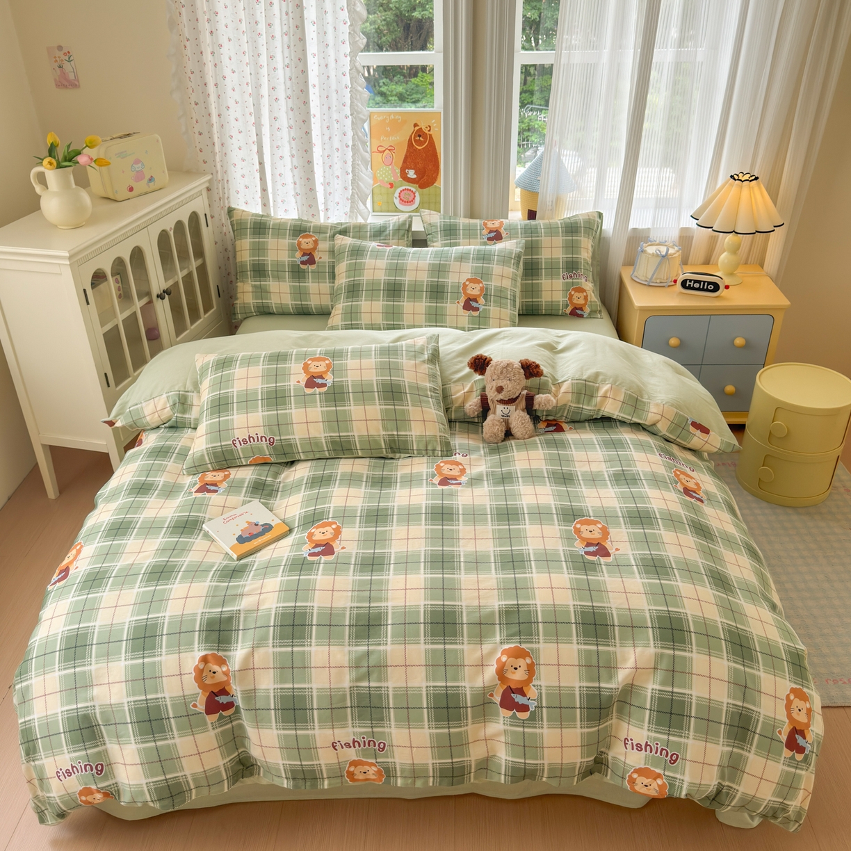 91家纺网 家纺一手货源 找家纺 清雅福 2026春夏新品全棉13070萌趣系列单枕套 森林日记-绿格