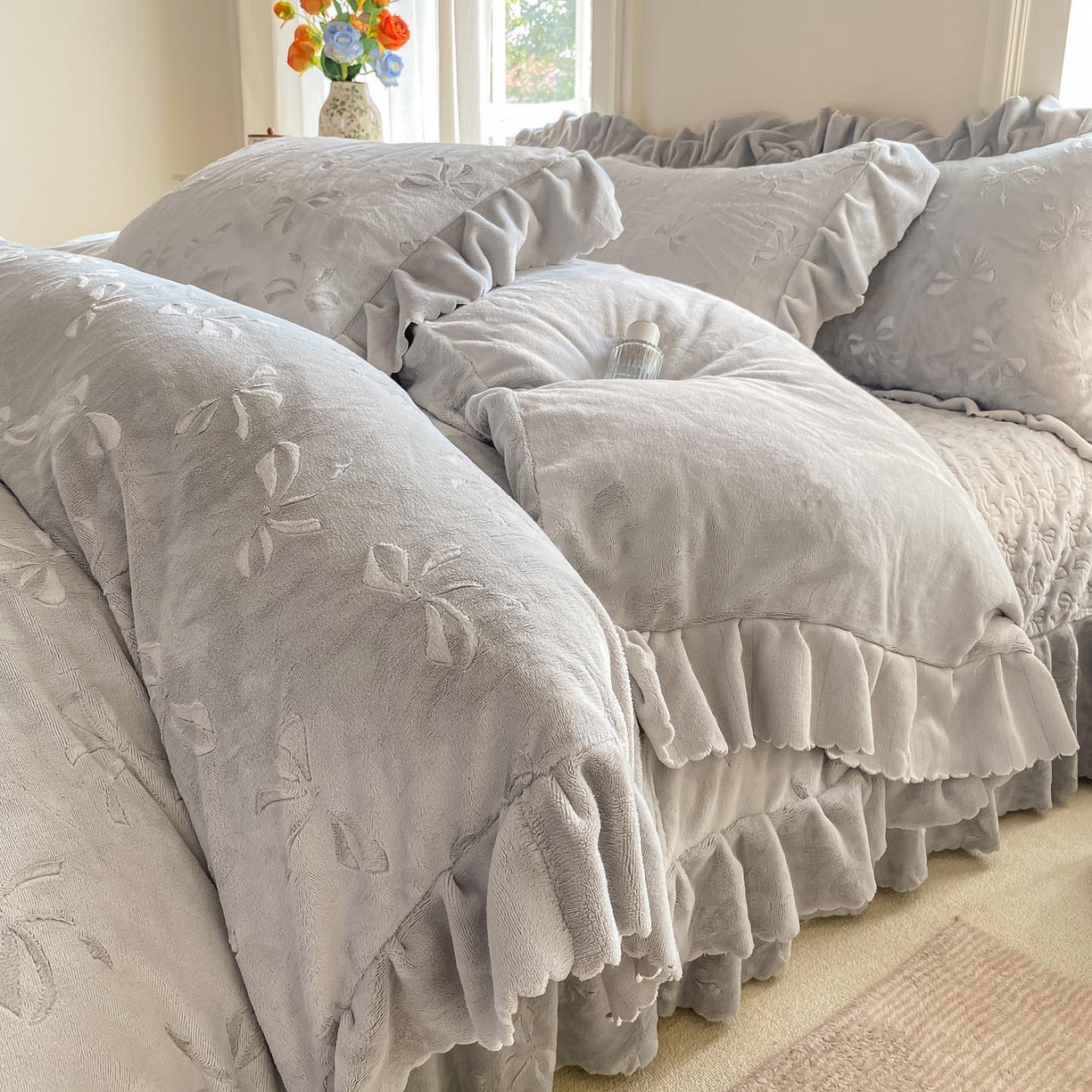 慕希家纺 2025新款高克重牛奶绒夹棉床盖四件套 安娜-浅云灰