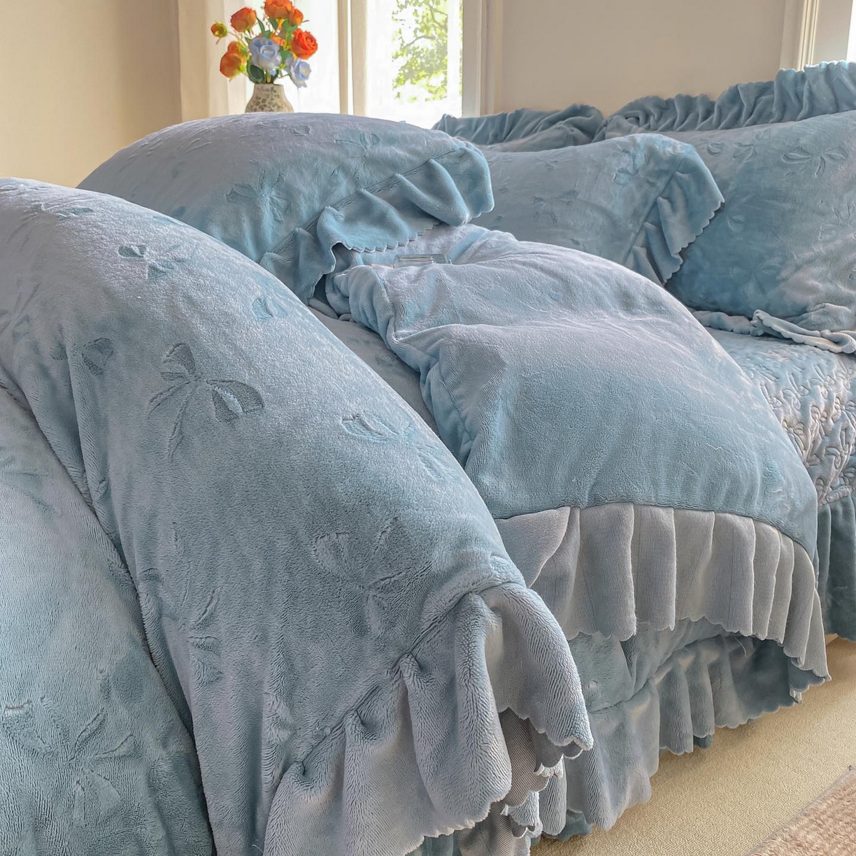 慕希家纺 2025新款高克重牛奶绒夹棉床盖四件套 安娜-雾蓝