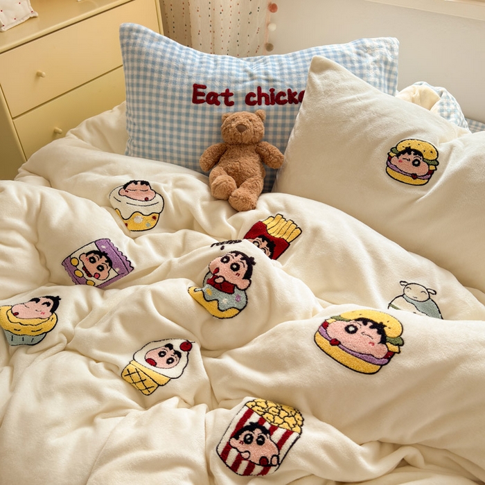 91家纺网 家纺一手货源 找家纺 贝扬思家纺 2025新款高克重牛奶绒可爱系卡通毛巾绣四件套系列-小红书推荐 汉堡小新