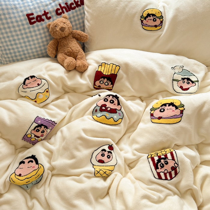 91家纺网 家纺一手货源 找家纺 贝扬思家纺 2025新款高克重牛奶绒可爱系卡通毛巾绣四件套系列-小红书推荐 汉堡小新