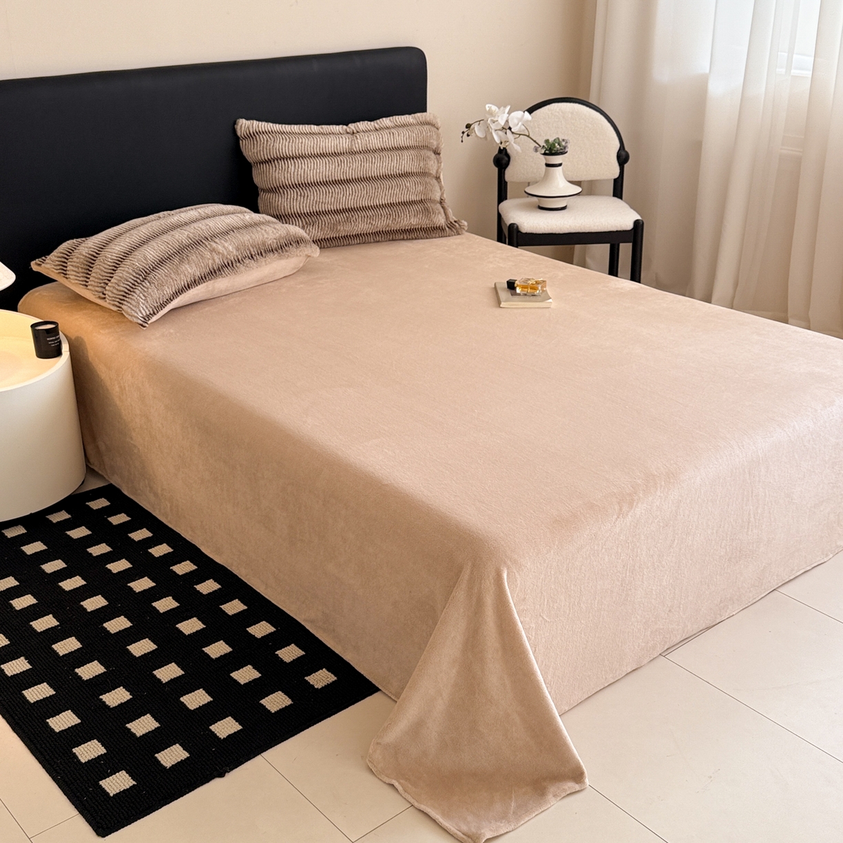 91家纺网 家纺一手货源 找家纺 眠博士 2025新款阳离子兔兔绒四件套 兔兔绒阳离子-波纹暖咖