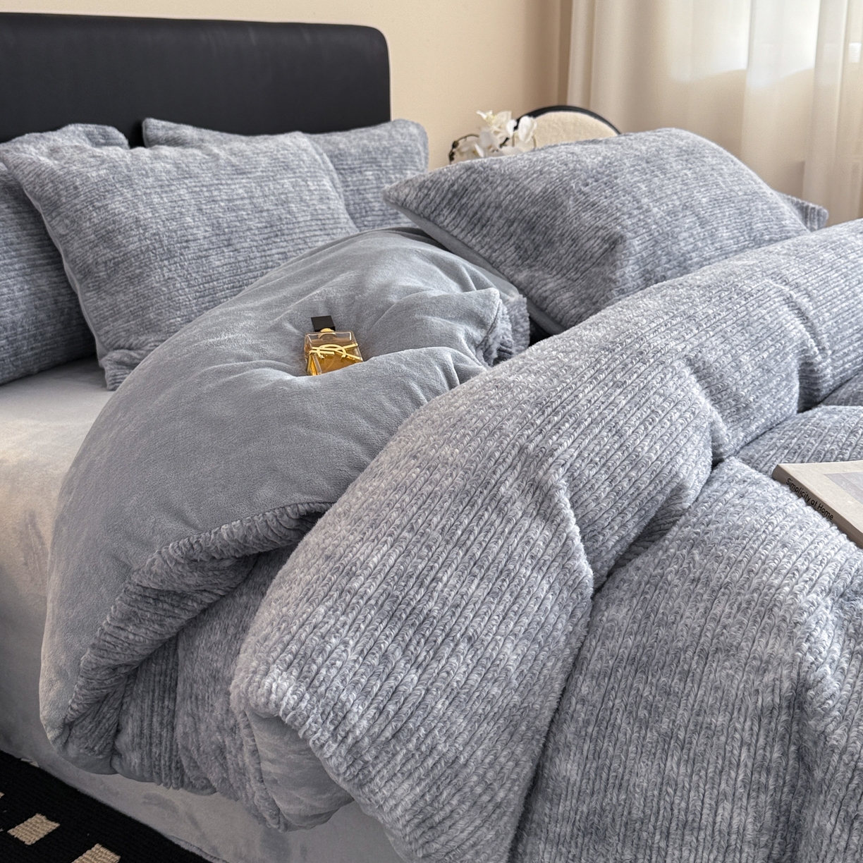 眠博士 2025新款阳离子兔兔绒四件套 兔兔绒阳离子-抽条雾蓝