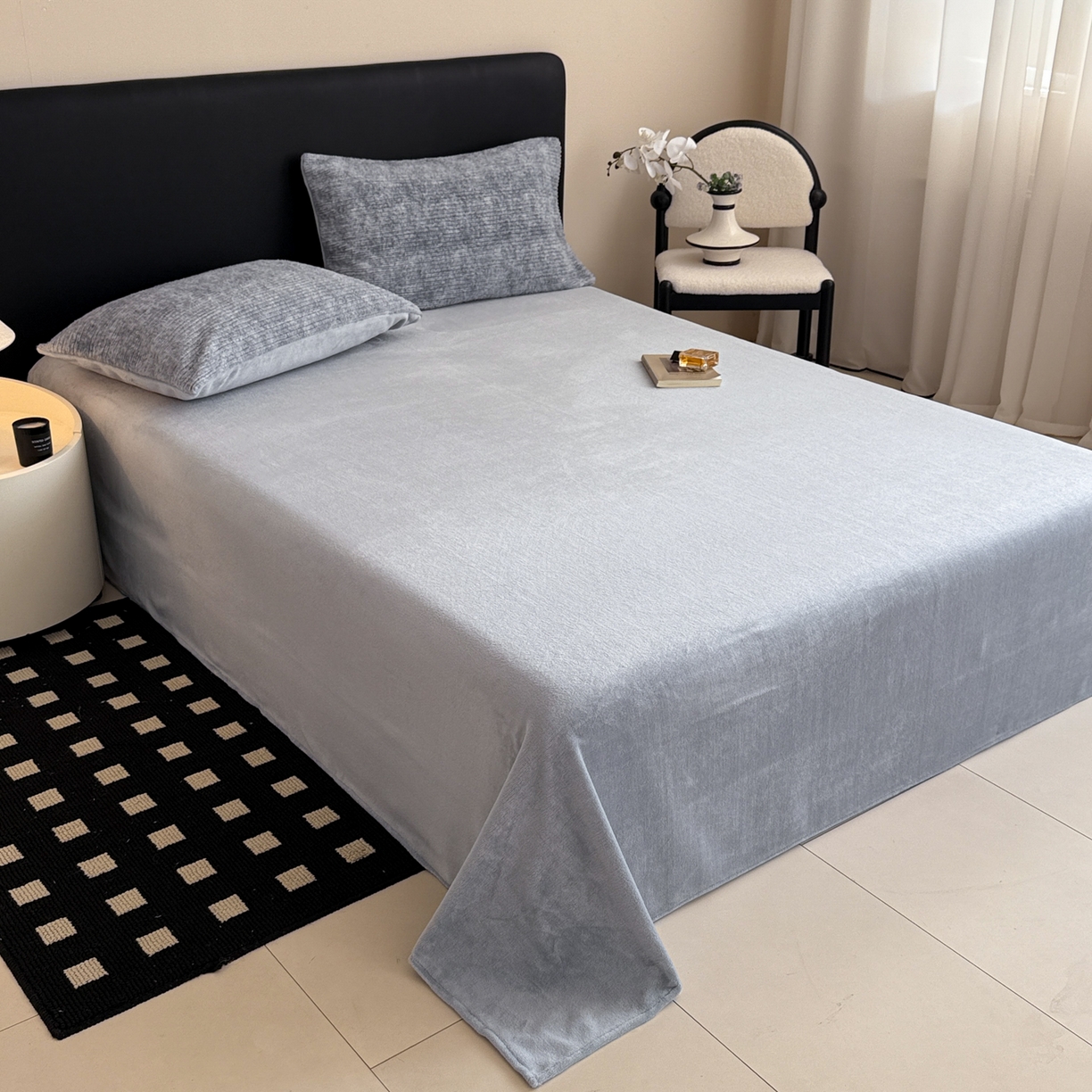 91家纺网 家纺一手货源 找家纺 眠博士 2025新款阳离子兔兔绒四件套 兔兔绒阳离子-抽条雾蓝