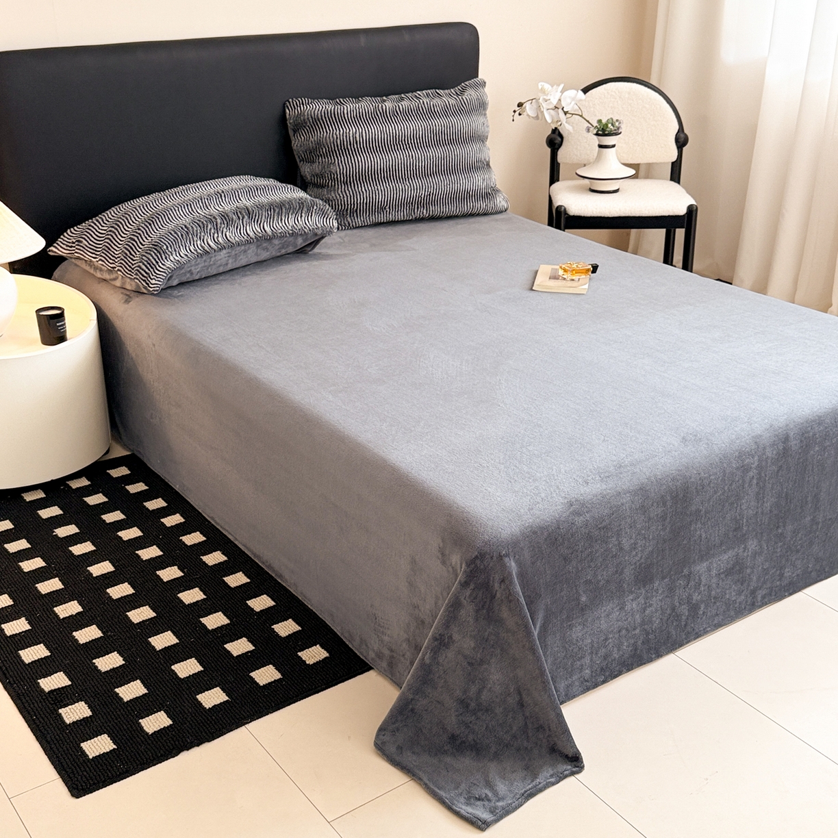 91家纺网 家纺一手货源 找家纺 眠博士 2025新款阳离子兔兔绒四件套 兔兔绒阳离子-波纹深灰