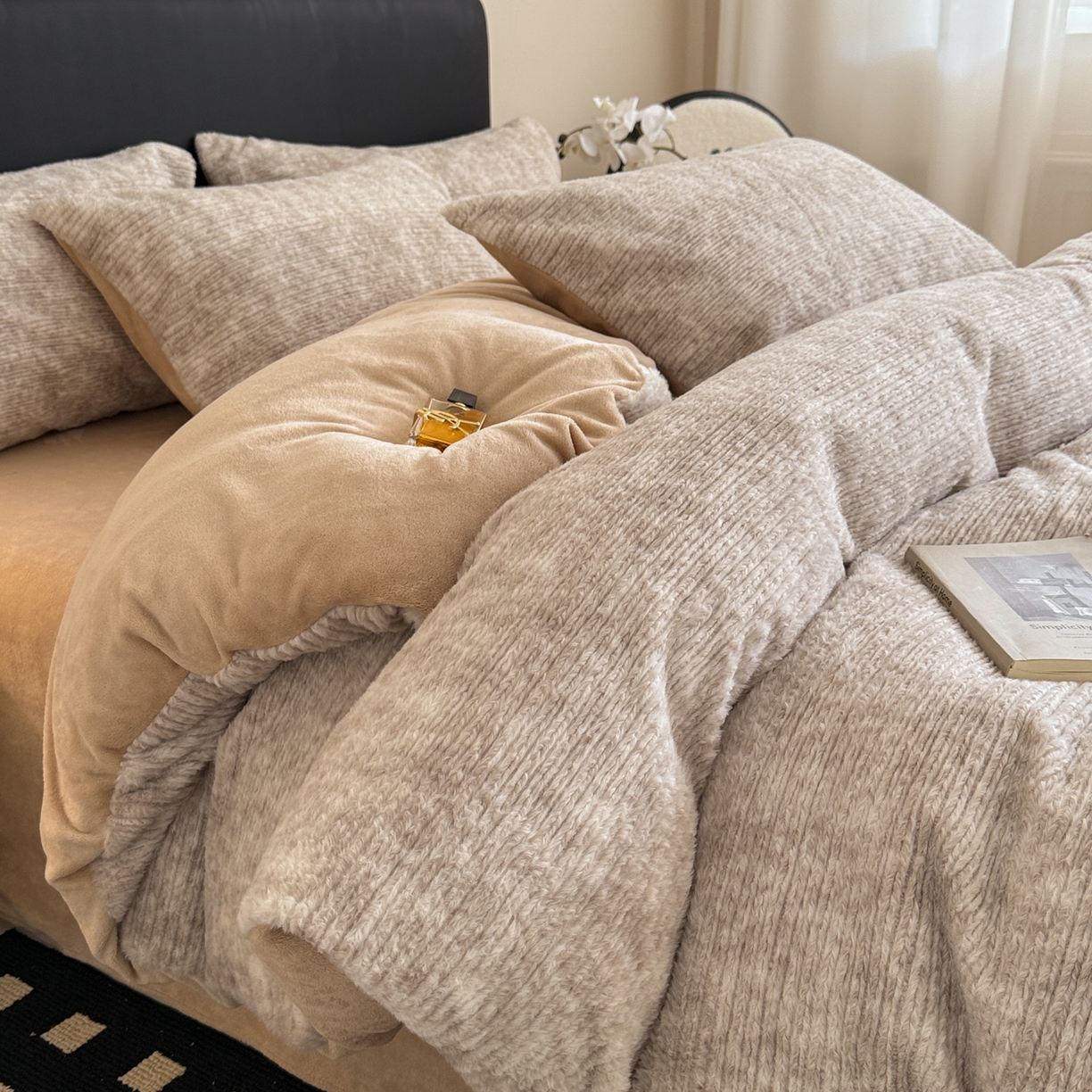 眠博士 2025新款阳离子兔兔绒四件套 兔兔绒阳离子-抽条暖咖