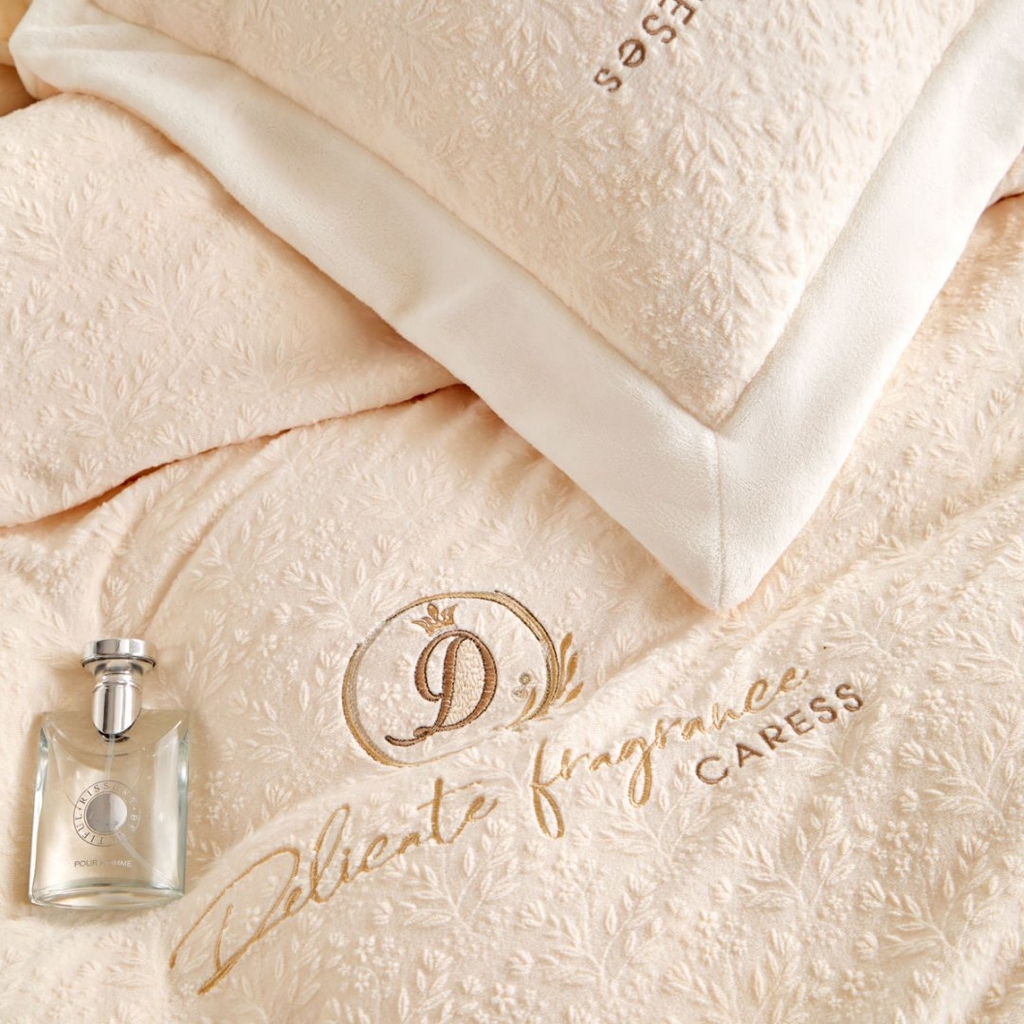 91家纺网 家纺一手货源 找家纺 七里香 2025新款雕花绒牛奶绒刺绣四件套-锦穗绒华系列 锦穗绒华-米黄