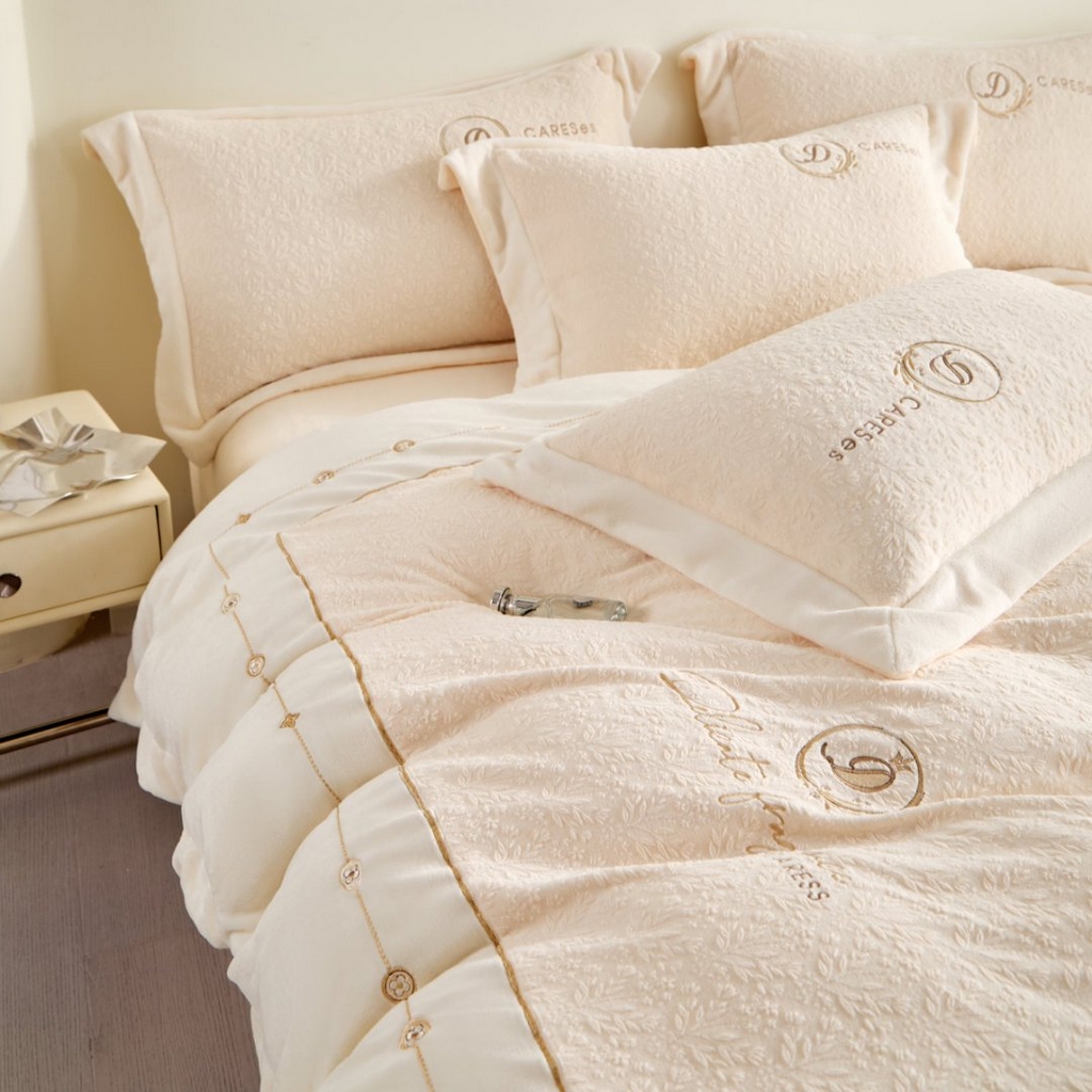 91家纺网 家纺一手货源 找家纺 七里香 2025新款雕花绒牛奶绒刺绣四件套-锦穗绒华系列 锦穗绒华-米黄