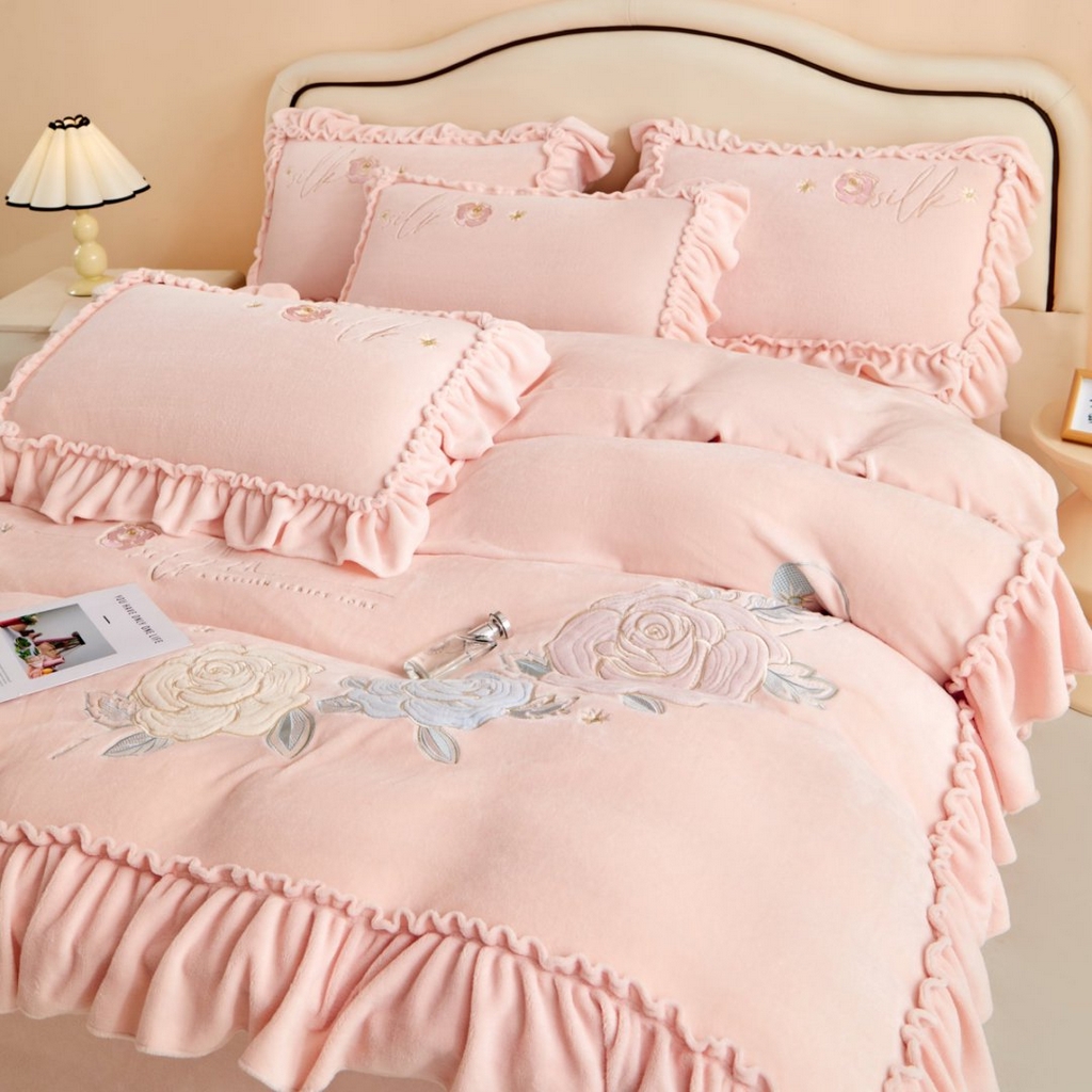 七里香 2025新款牛奶绒刺绣四件套-枝意系列 枝意-粉玉