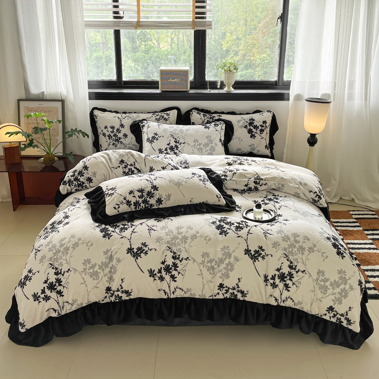 91家纺网 家纺一手货源 找家纺 慕澄家纺 2025新款赫本风牛奶绒花边款四件套 花边款-花枝