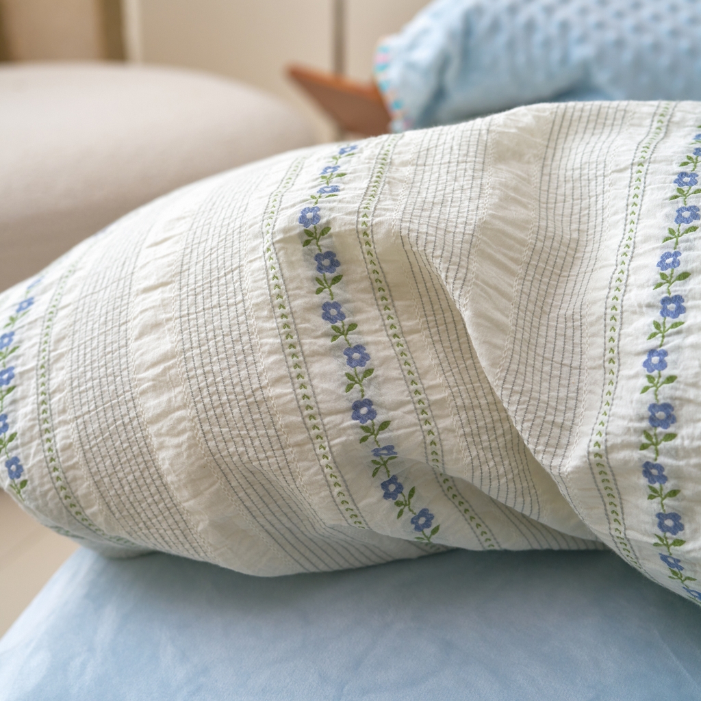 91家纺网 家纺一手货源 找家纺 洋铭区（原狠狠爱） 2025秋冬新款水洗棉色织提花+豆豆绒四件套 暗香蓝花