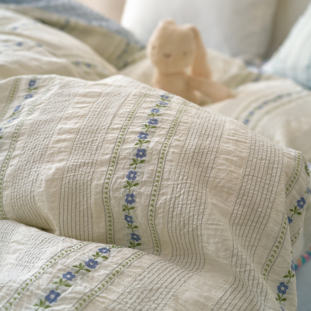 91家纺网 家纺一手货源 找家纺 洋铭区（原狠狠爱） 2025秋冬新款水洗棉色织提花+豆豆绒四件套 暗香蓝花