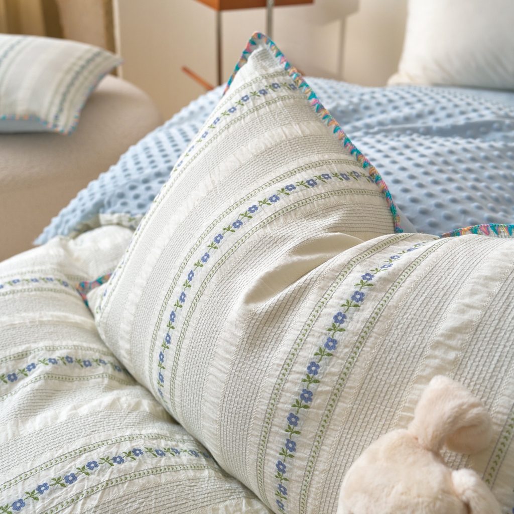 91家纺网 家纺一手货源 找家纺 洋铭区（原狠狠爱） 2025秋冬新款水洗棉色织提花+豆豆绒四件套 暗香蓝花