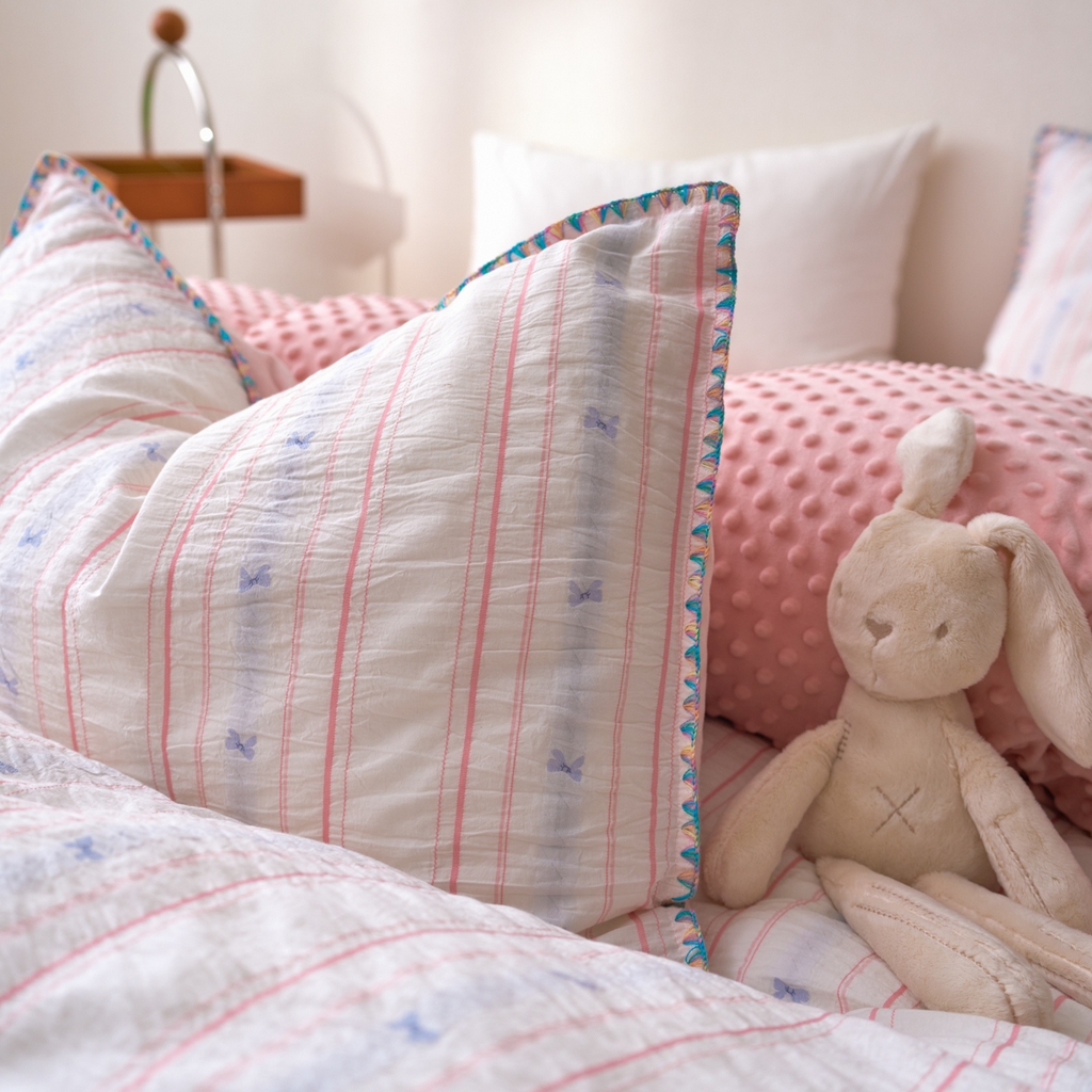 91家纺网 家纺一手货源 找家纺 洋铭区（原狠狠爱） 2025秋冬新款水洗棉色织提花+豆豆绒四件套 粉色小蝶