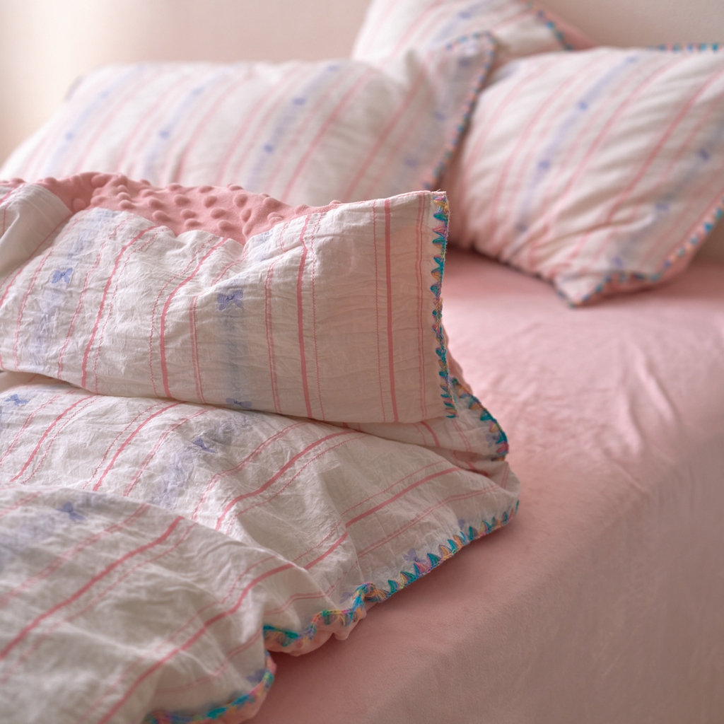 91家纺网 家纺一手货源 找家纺 洋铭区（原狠狠爱） 2025秋冬新款水洗棉色织提花+豆豆绒四件套 粉色小蝶