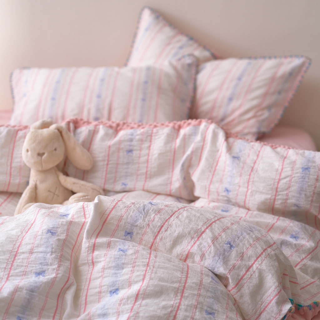 91家纺网 家纺一手货源 找家纺 洋铭区（原狠狠爱） 2025秋冬新款水洗棉色织提花+豆豆绒四件套 粉色小蝶