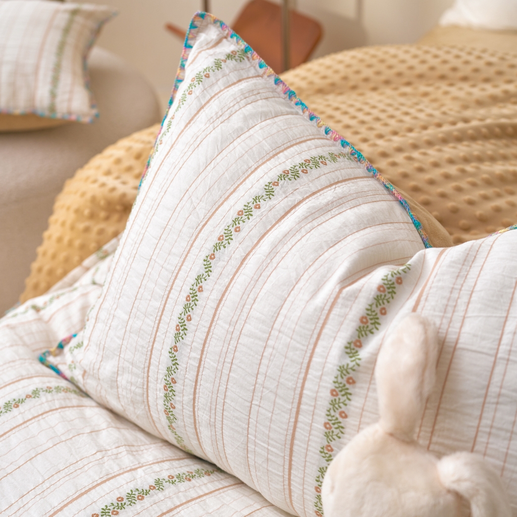 91家纺网 家纺一手货源 找家纺 洋铭区（原狠狠爱） 2025秋冬新款水洗棉色织提花+豆豆绒四件套 摩卡花茶