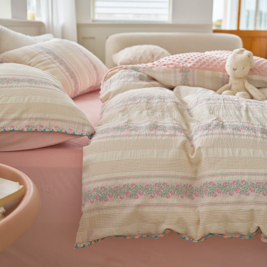 91家纺网 家纺一手货源 找家纺 洋铭区（原狠狠爱） 2025秋冬新款水洗棉色织提花+豆豆绒四件套 藤蔓-粉绿