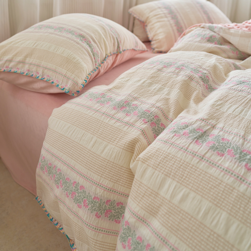 91家纺网 家纺一手货源 找家纺 洋铭区（原狠狠爱） 2025秋冬新款水洗棉色织提花+豆豆绒四件套 藤蔓-粉绿