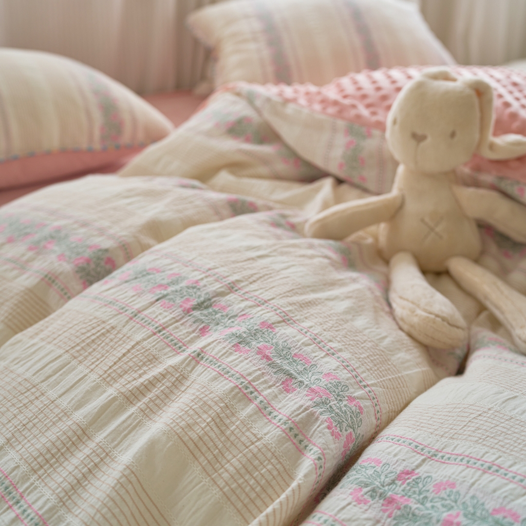 91家纺网 家纺一手货源 找家纺 洋铭区（原狠狠爱） 2025秋冬新款水洗棉色织提花+豆豆绒四件套 藤蔓-粉绿