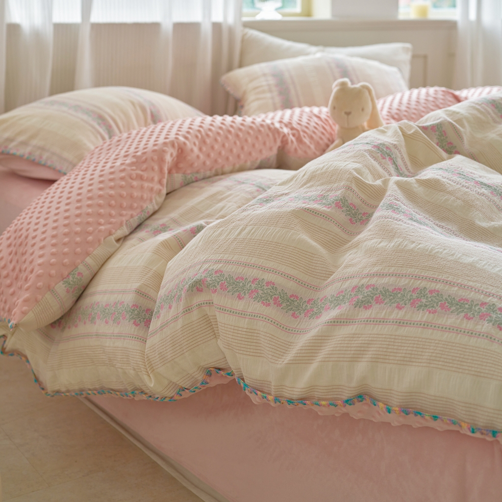 91家纺网 家纺一手货源 找家纺 洋铭区（原狠狠爱） 2025秋冬新款水洗棉色织提花+豆豆绒四件套 藤蔓-粉绿