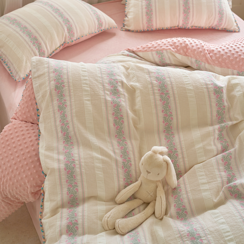 91家纺网 家纺一手货源 找家纺 洋铭区（原狠狠爱） 2025秋冬新款水洗棉色织提花+豆豆绒四件套 藤蔓-粉绿