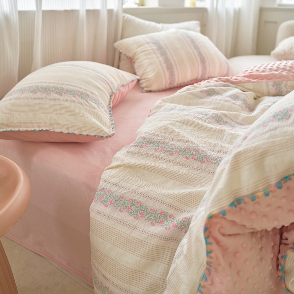 91家纺网 家纺一手货源 找家纺 洋铭区（原狠狠爱） 2025秋冬新款水洗棉色织提花+豆豆绒四件套 藤蔓-粉绿