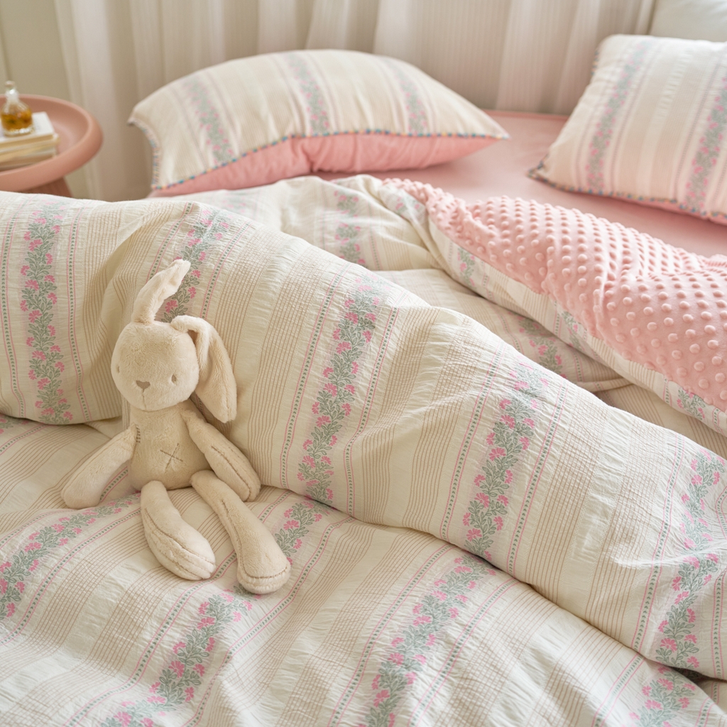 91家纺网 家纺一手货源 找家纺 洋铭区（原狠狠爱） 2025秋冬新款水洗棉色织提花+豆豆绒四件套 藤蔓-粉绿