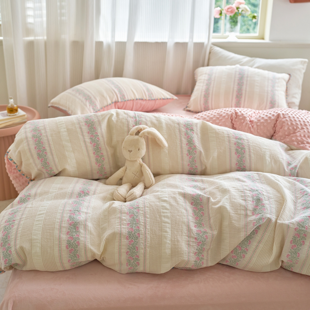 91家纺网 家纺一手货源 找家纺 洋铭区（原狠狠爱） 2025秋冬新款水洗棉色织提花+豆豆绒四件套 藤蔓-粉绿