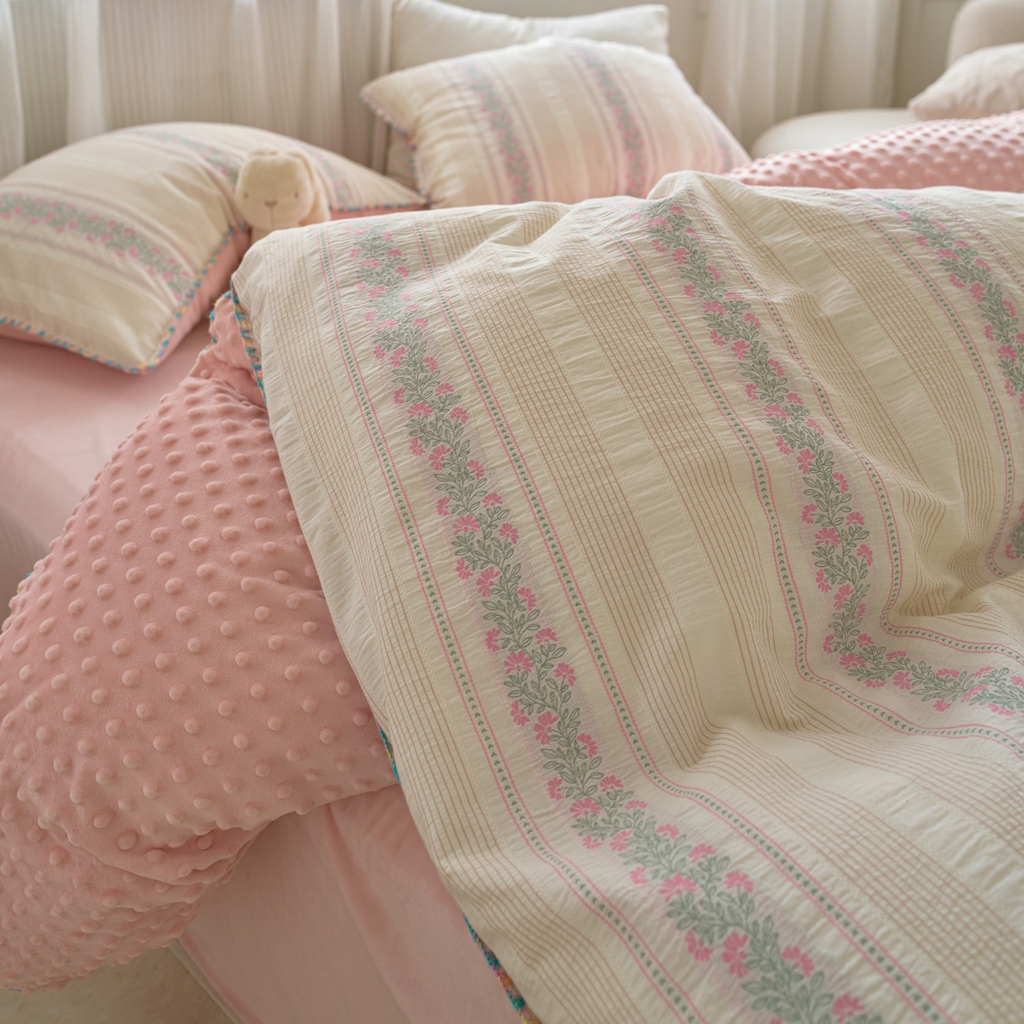 91家纺网 家纺一手货源 找家纺 洋铭区（原狠狠爱） 2025秋冬新款水洗棉色织提花+豆豆绒四件套 藤蔓-粉绿